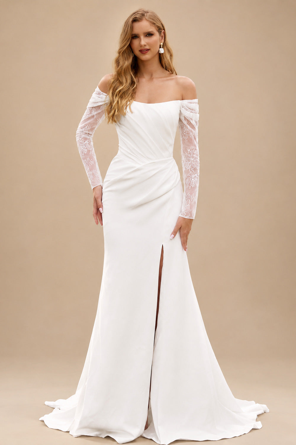Rutipo Ivory Elegant Off-the-Shoulder Stretch Crepe Long Sleeve Wedding Dress with Slit