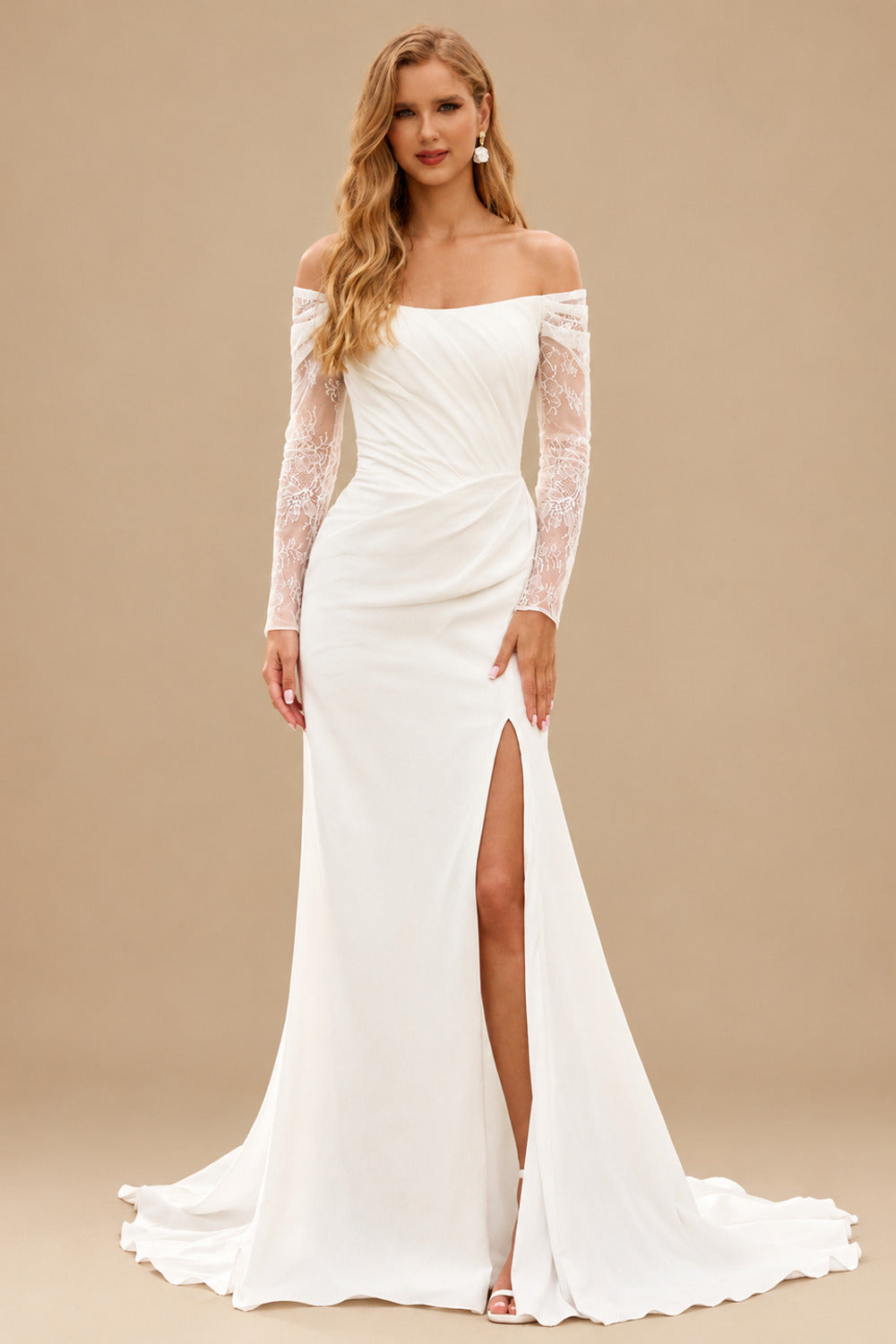 Rutipo Ivory Elegant Off-the-Shoulder Stretch Crepe Long Sleeve Wedding Dress with Slit