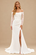Rutipo Ivory Elegant Off-the-Shoulder Stretch Crepe Long Sleeve Wedding Dress with Slit