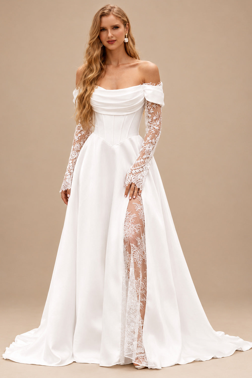 Rutipo Ivory A-line Off-the-Shoulder Wedding Dress with Sheer Lace Sleeves Slit