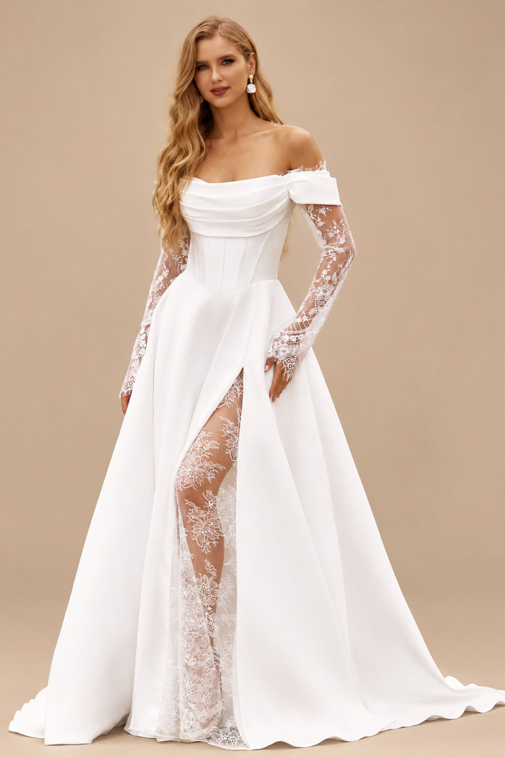 Rutipo Ivory A-line Off-the-Shoulder Wedding Dress with Sheer Lace Sleeves Slit