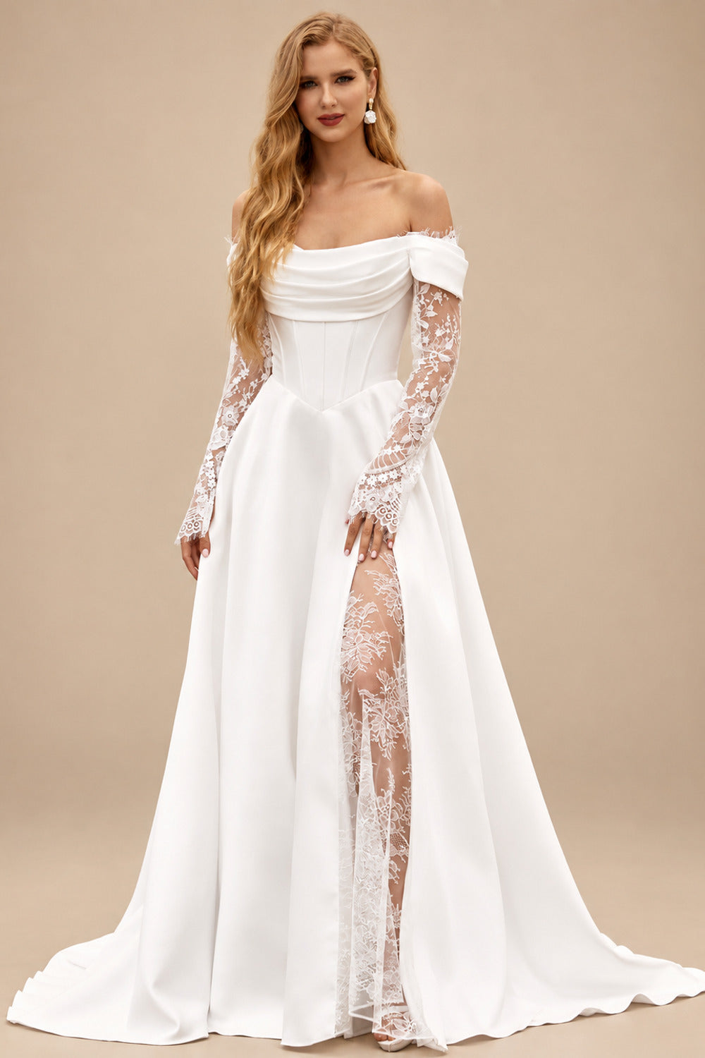 Rutipo Ivory A-line Off-the-Shoulder Wedding Dress with Sheer Lace Sleeves Slit
