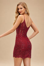 Rutipo Burgundy Sparkly Corset Sheath Short Tulle Homecoming Dress with Sequins Glitter