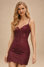 Rutipo Cabernet Sparkly Corset Sheath Short Tulle Homecoming Dress with Sequins Glitter