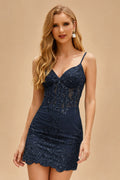 Rutipo Dark Navy Sparkly Corset Sheath Short Tulle Homecoming Dress with Sequins Glitter