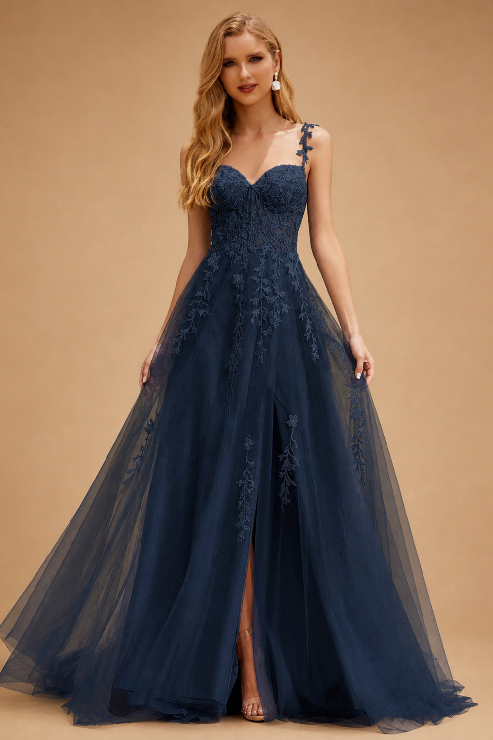 Rutipo Dark Navy A-line V Neck Sweep Train Tulle Prom Dress with Appliqued Beading