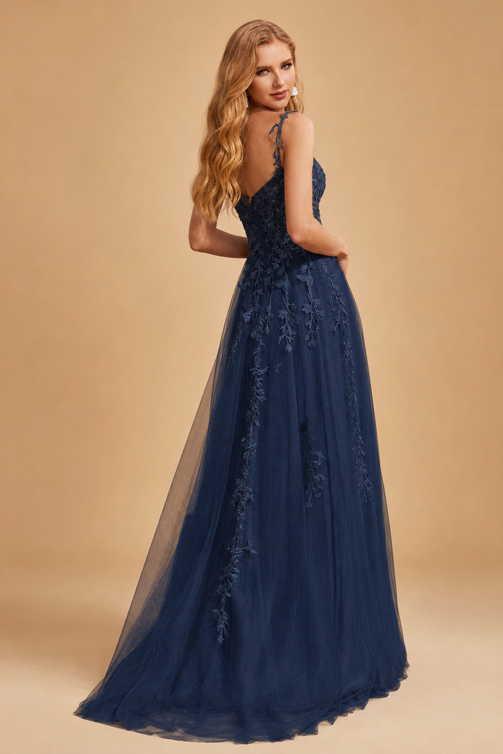 Rutipo Dark Navy A-line V Neck Sweep Train Tulle Prom Dress with Appliqued Beading