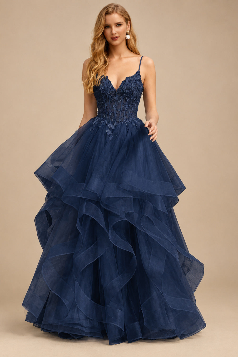 Rutipo Dark Navy Ball Gown V Neck Sweep Train Tulle Prom Dress with Appliqued Beading Ruffles