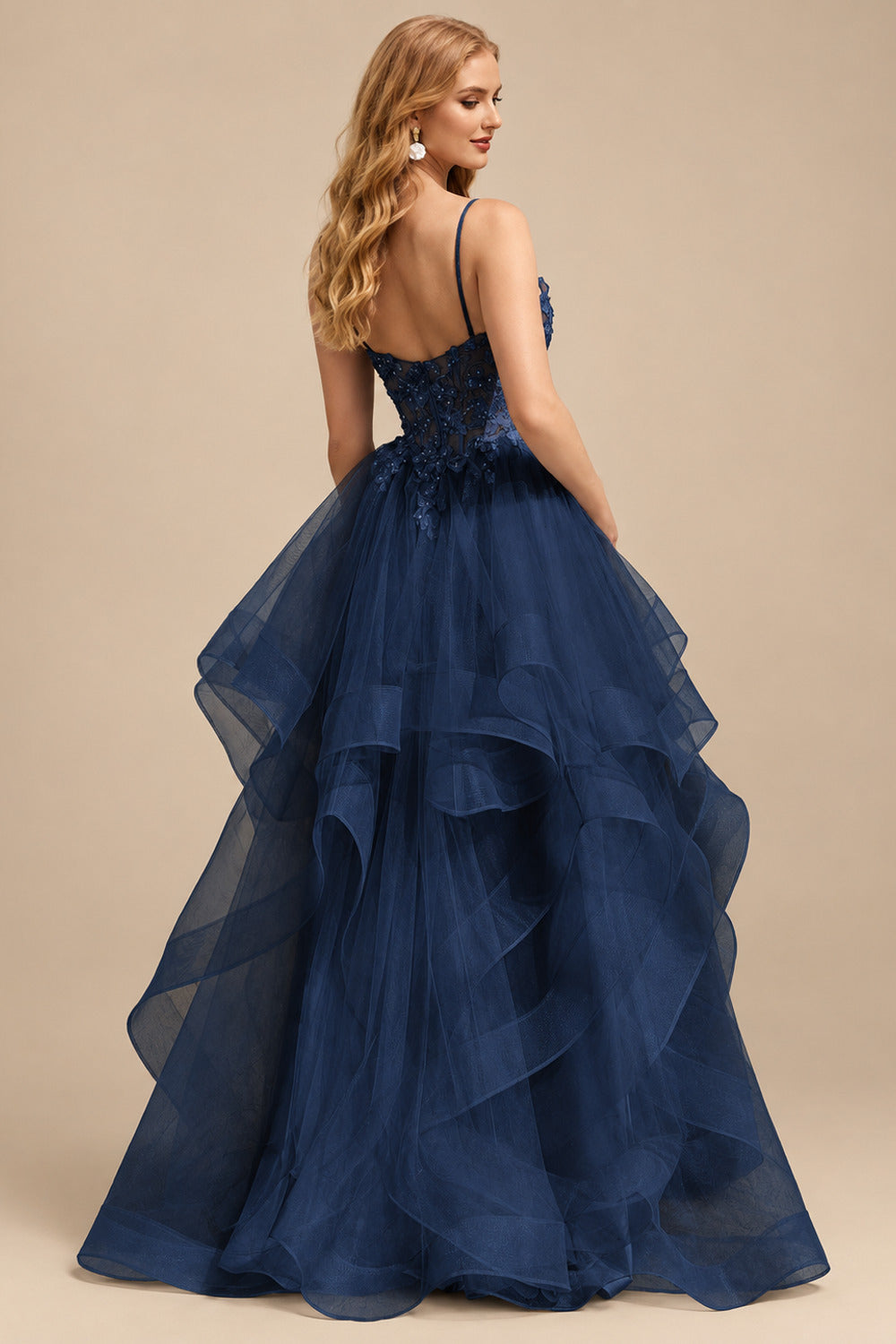 Rutipo Dark Navy Ball Gown V Neck Sweep Train Tulle Prom Dress with Appliqued Beading Ruffles