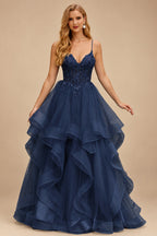 Rutipo Dark Navy Ball Gown V Neck Sweep Train Tulle Prom Dress with Appliqued Beading Ruffles