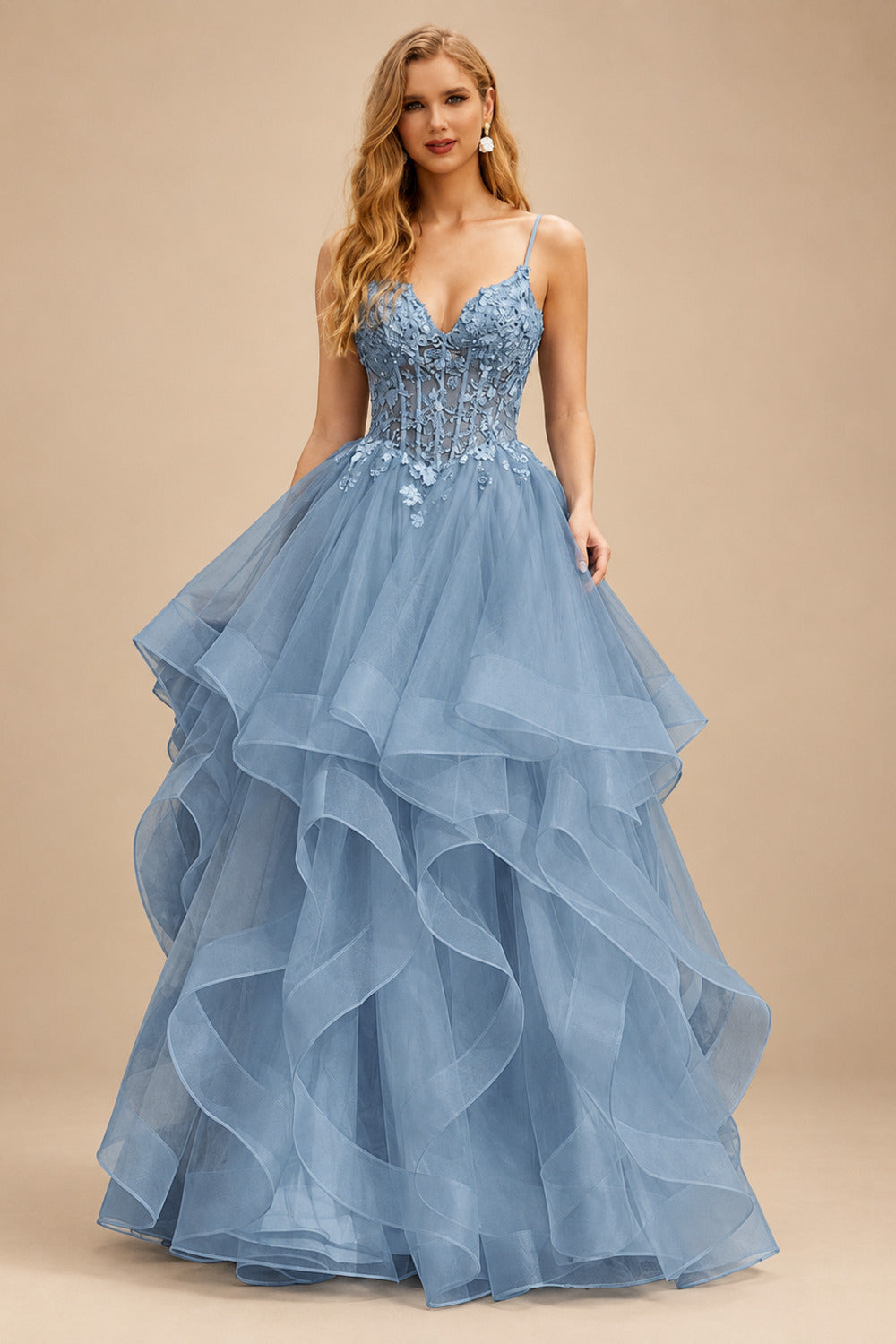 Rutipo Dusty Blue Ball Gown V Neck Sweep Train Tulle Prom Dress with Appliqued Beading Ruffles