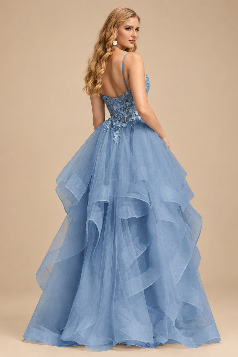 Rutipo Dusty Blue Ball Gown V Neck Sweep Train Tulle Prom Dress with Appliqued Beading Ruffles