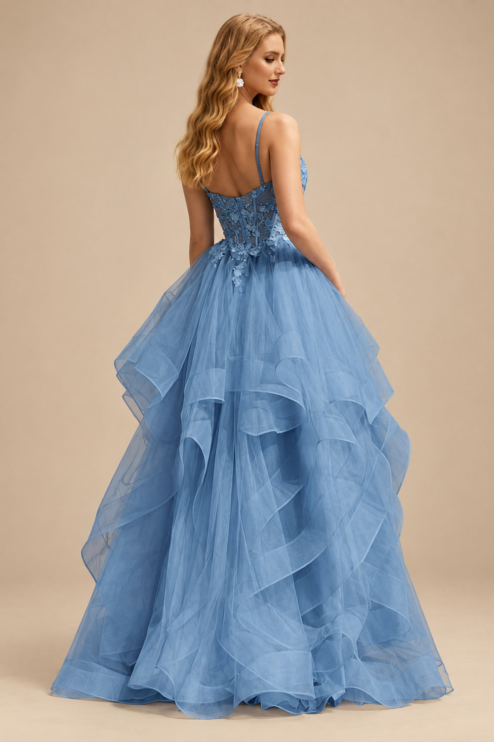 Rutipo Dusty Blue Ball Gown V Neck Sweep Train Tulle Prom Dress with Appliqued Beading Ruffles
