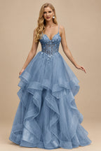 Rutipo Dusty Blue Ball Gown V Neck Sweep Train Tulle Prom Dress with Appliqued Beading Ruffles