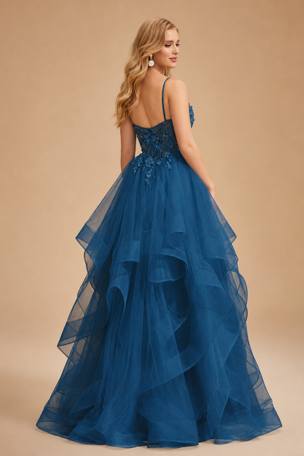 Rutipo Ink Blue Ball Gown V Neck Sweep Train Tulle Prom Dress with Appliqued Beading Ruffles