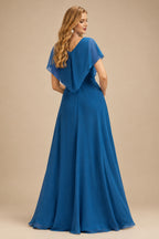 Rutipo Ink Blue Ball Gown V Neck Sweep Train Tulle Prom Dress with Appliqued Beading Ruffles