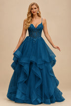 Rutipo Ink Blue Ball Gown V Neck Sweep Train Tulle Prom Dress with Appliqued Beading Ruffles