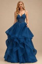 Rutipo Ink Blue Ball Gown V Neck Sweep Train Tulle Prom Dress with Appliqued Beading Ruffles
