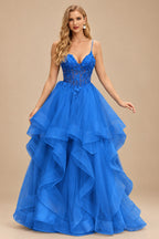Rutipo Ocean Blue Ball Gown V Neck Sweep Train Tulle Prom Dress with Appliqued Beading Ruffles