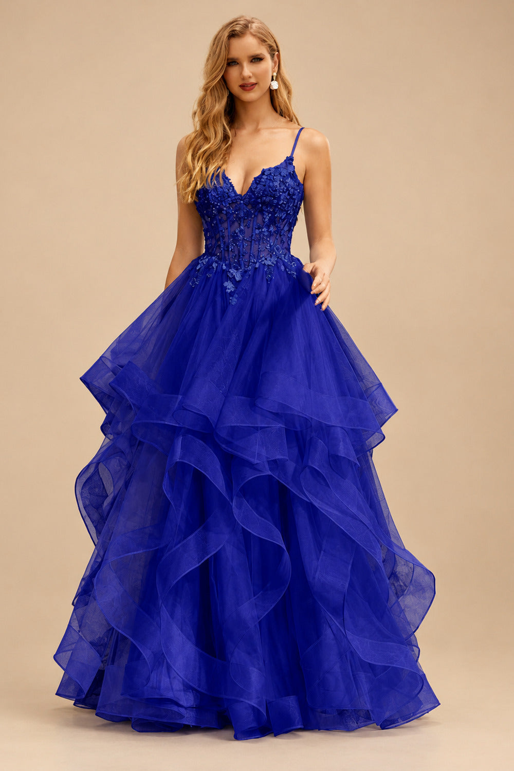 Rutipo Royal Blue Ball Gown V Neck Sweep Train Tulle Prom Dress with Appliqued Beading Ruffles