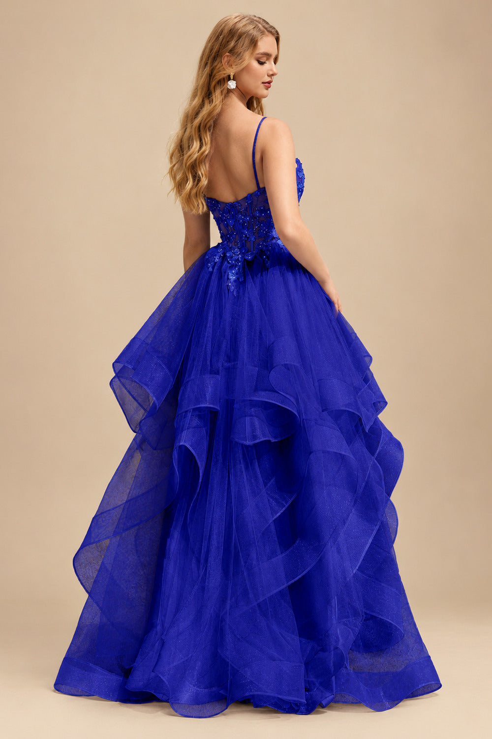 Rutipo Royal Blue Ball Gown V Neck Sweep Train Tulle Prom Dress with Appliqued Beading Ruffles
