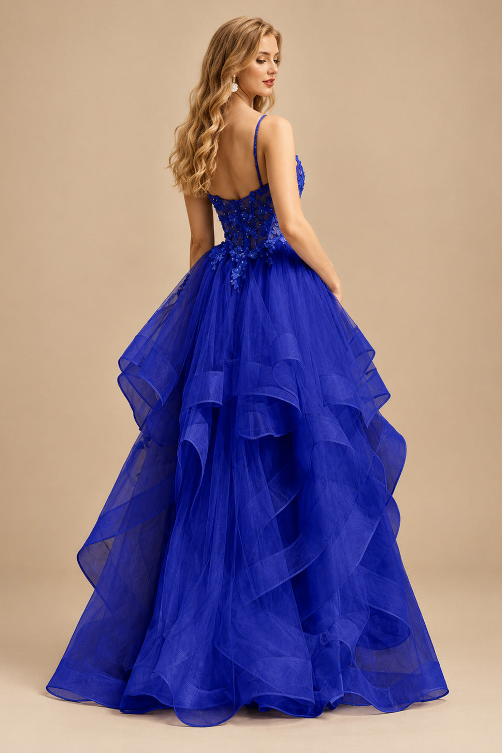 Rutipo Royal Blue Ball Gown V Neck Sweep Train Tulle Prom Dress with Appliqued Beading Ruffles