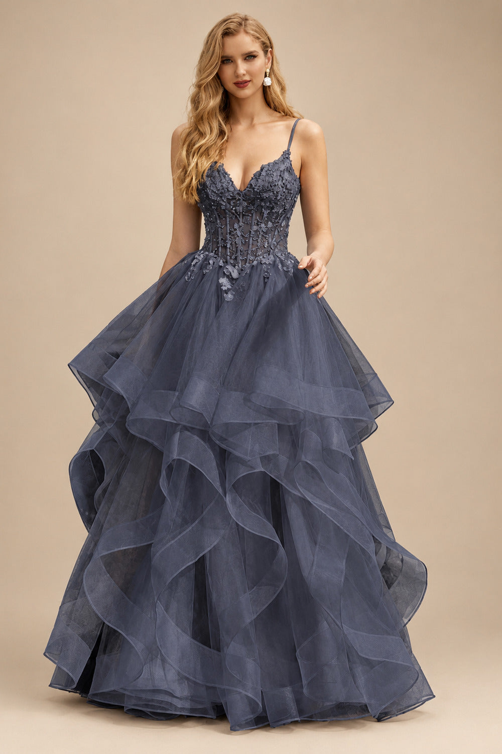 Rutipo Stormy Ball Gown V Neck Sweep Train Tulle Prom Dress with Appliqued Beading Ruffles
