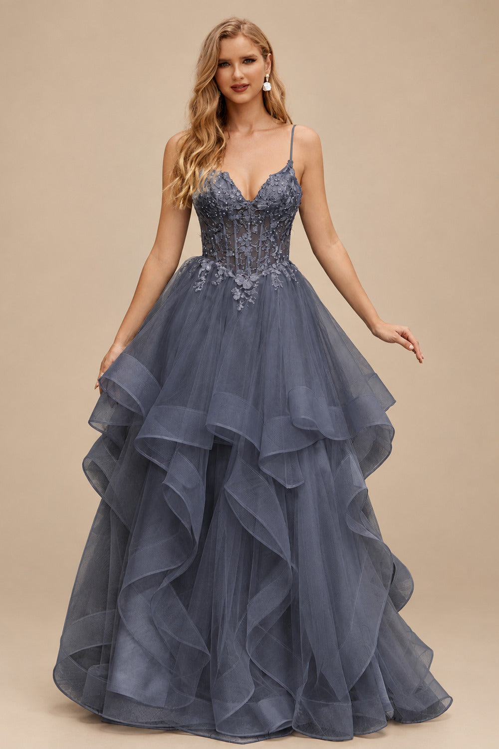 Rutipo Stormy Ball Gown V Neck Sweep Train Tulle Prom Dress with Appliqued Beading Ruffles