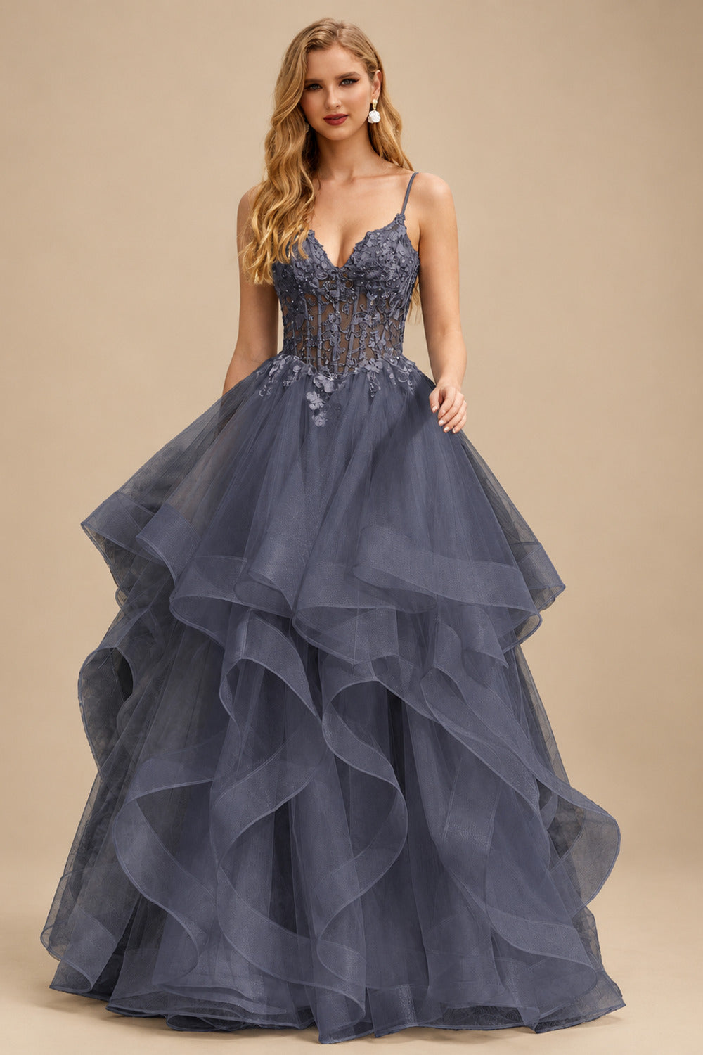 Rutipo Stormy Ball Gown V Neck Sweep Train Tulle Prom Dress with Appliqued Beading Ruffles