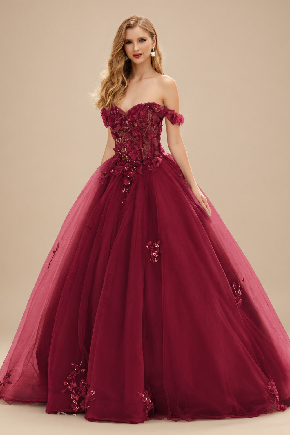 Rutipo Burgundy Ball Gown Off-the-Shoulder Long Tulle Prom Dress with Appliqued Sequins Petticoat