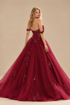 Rutipo Burgundy Ball Gown Off-the-Shoulder Long Tulle Prom Dress with Appliqued Sequins Petticoat
