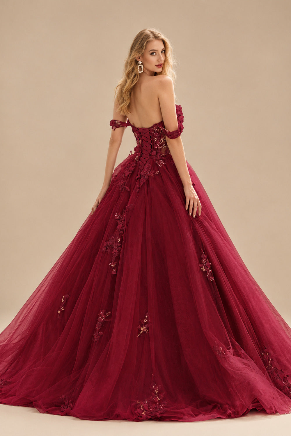 Rutipo Burgundy Ball Gown Off-the-Shoulder Long Tulle Prom Dress with Appliqued Sequins Petticoat