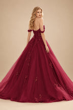Rutipo Burgundy Ball Gown Off-the-Shoulder Long Tulle Prom Dress with Appliqued Sequins Petticoat