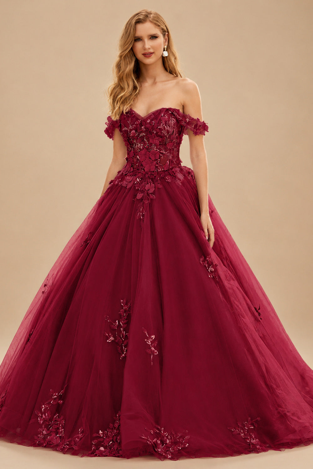 Rutipo Burgundy Ball Gown Off-the-Shoulder Long Tulle Prom Dress with Appliqued Sequins Petticoat