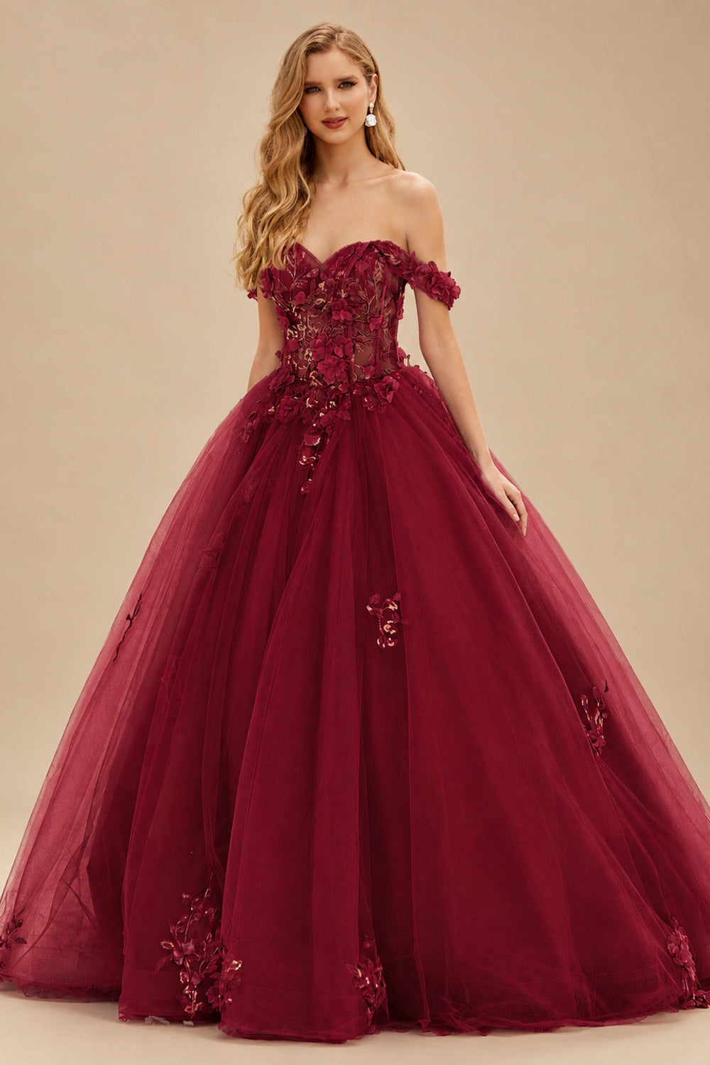 Rutipo Burgundy Ball Gown Off-the-Shoulder Long Tulle Prom Dress with Appliqued Sequins Petticoat
