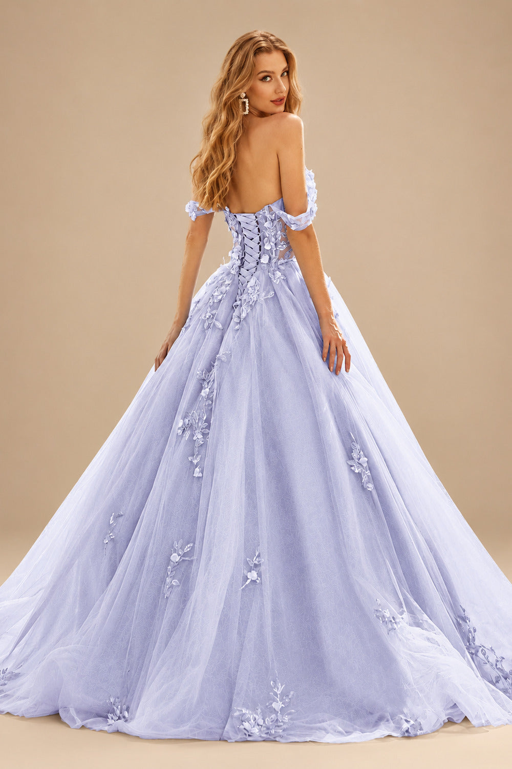 Rutipo Lavender Ball Gown Off-the-Shoulder Long Tulle Prom Dress with Appliqued Sequins Petticoat