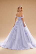 Rutipo Lavender Ball Gown Off-the-Shoulder Long Tulle Prom Dress with Appliqued Sequins Petticoat