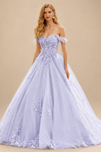 Rutipo Lavender Ball Gown Off-the-Shoulder Long Tulle Prom Dress with Appliqued Sequins Petticoat