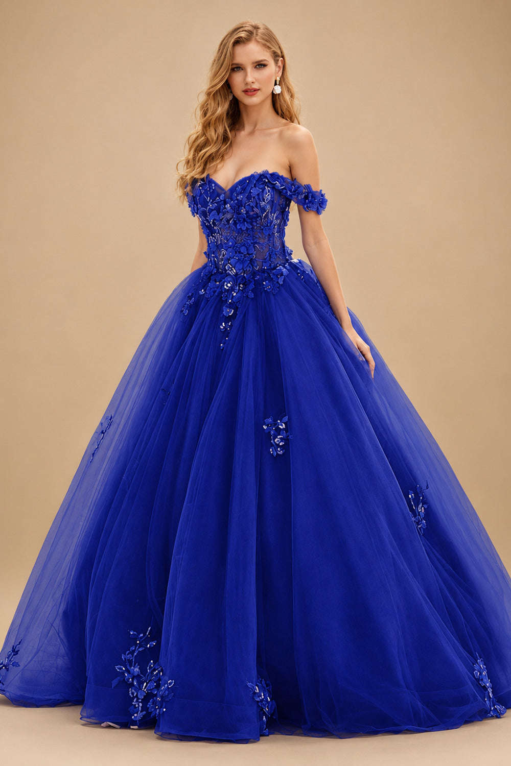 Rutipo Royal Blue Ball Gown Off-the-Shoulder Long Tulle Prom Dress with Appliqued Sequins Petticoat