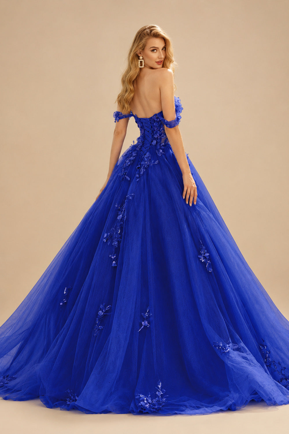 Rutipo Royal Blue Ball Gown Off-the-Shoulder Long Tulle Prom Dress with Appliqued Sequins Petticoat