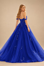 Rutipo Royal Blue Ball Gown Off-the-Shoulder Long Tulle Prom Dress with Appliqued Sequins Petticoat