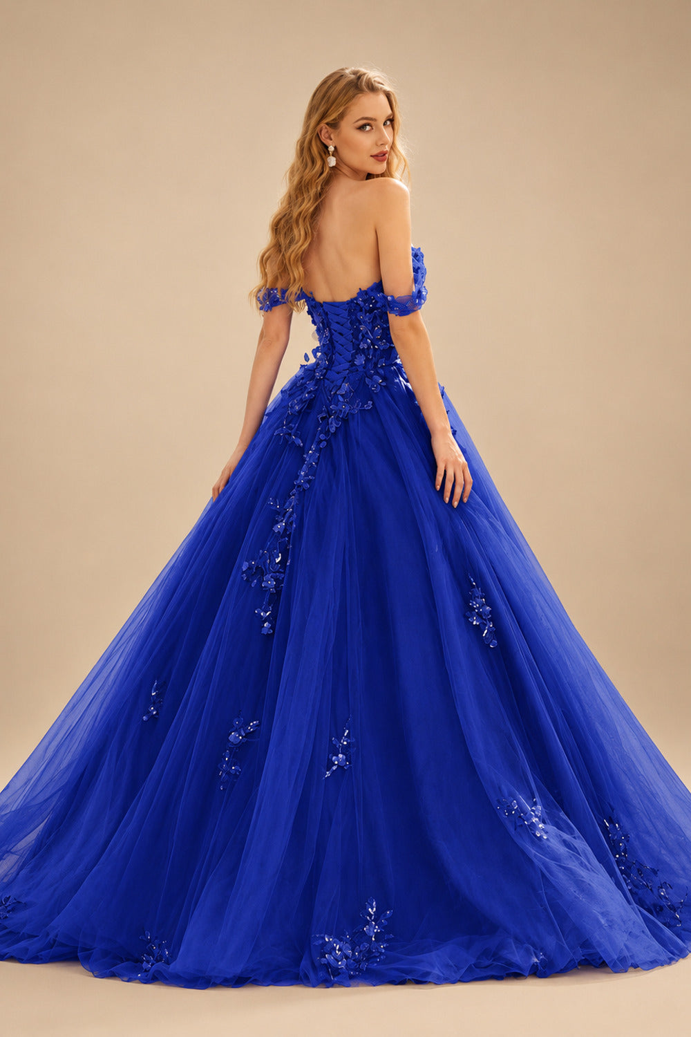 Rutipo Royal Blue Ball Gown Off-the-Shoulder Long Tulle Prom Dress with Appliqued Sequins Petticoat