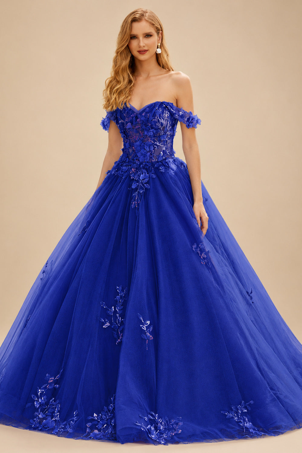 Rutipo Royal Blue Ball Gown Off-the-Shoulder Long Tulle Prom Dress with Appliqued Sequins Petticoat