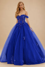 Rutipo Royal Blue Ball Gown Off-the-Shoulder Long Tulle Prom Dress with Appliqued Sequins Petticoat