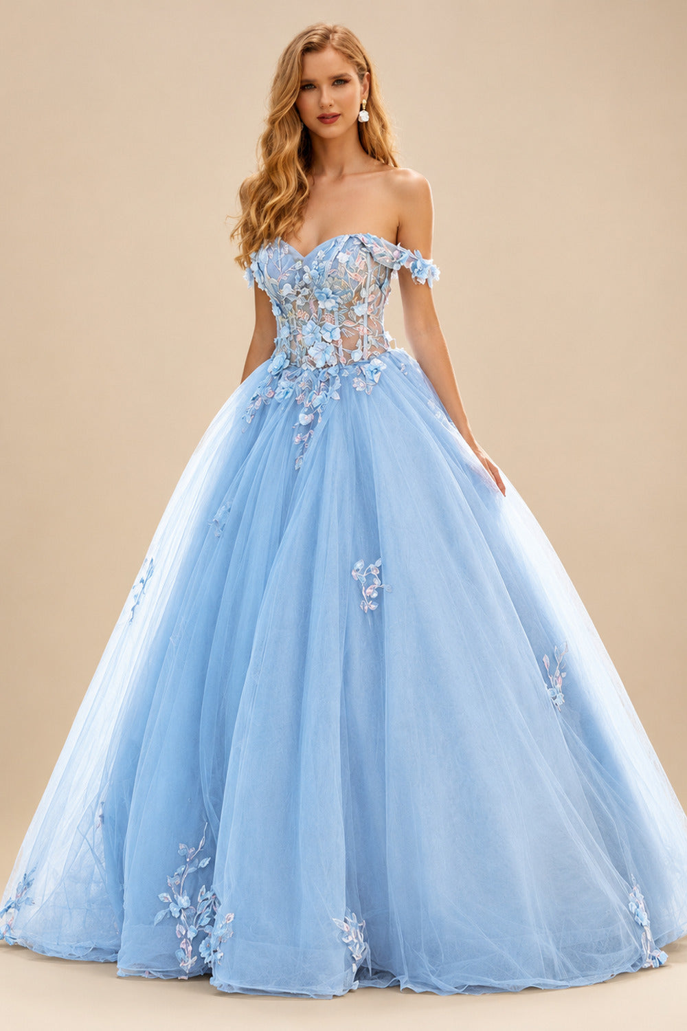 Rutipo Sky Blue Ball Gown Off-the-Shoulder Long Tulle Prom Dress with Appliqued Sequins Petticoat