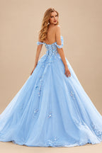 Rutipo Sky Blue Ball Gown Off-the-Shoulder Long Tulle Prom Dress with Appliqued Sequins Petticoat