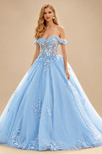 Rutipo Sky Blue Ball Gown Off-the-Shoulder Long Tulle Prom Dress with Appliqued Sequins Petticoat