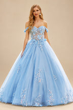 Rutipo Sky Blue Ball Gown Off-the-Shoulder Long Tulle Prom Dress with Appliqued Sequins Petticoat