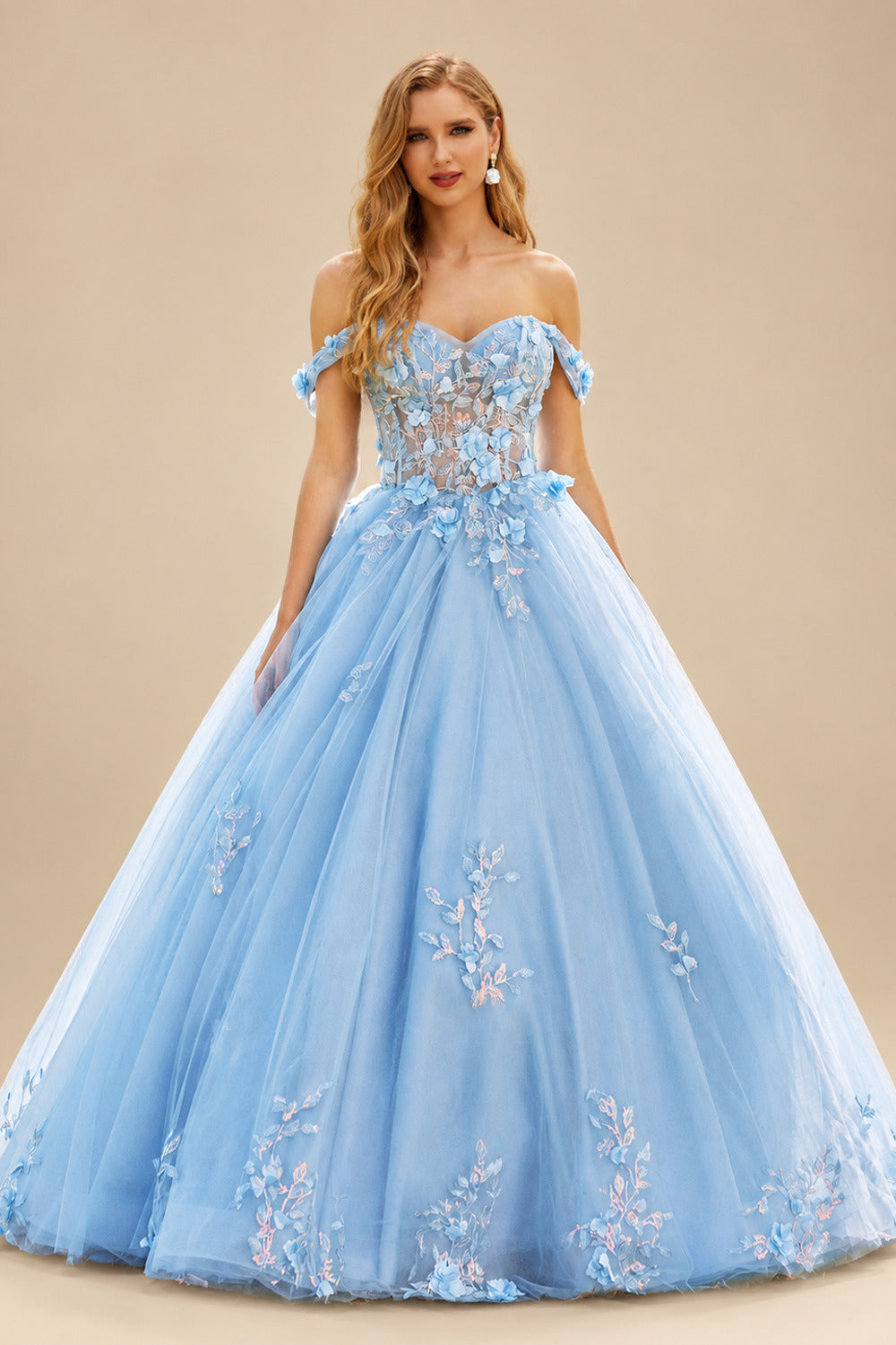 Rutipo Sky Blue Ball Gown Off-the-Shoulder Long Tulle Prom Dress with Appliqued Sequins Petticoat
