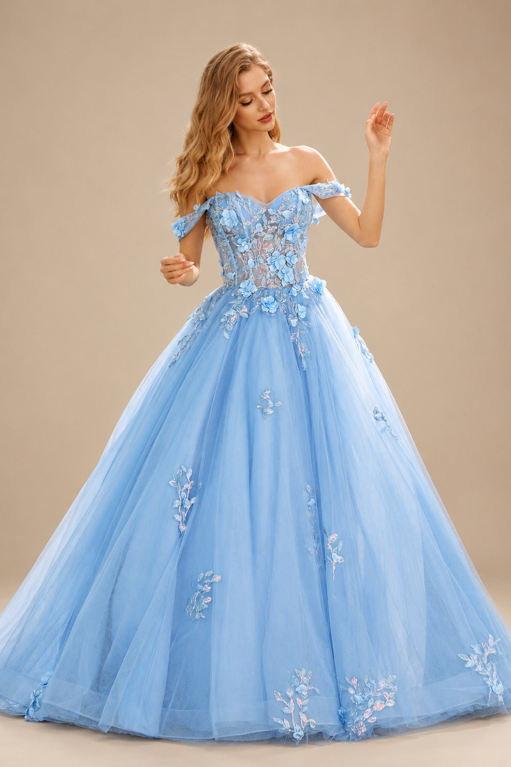 Rutipo Sky Blue Ball Gown Off-the-Shoulder Long Tulle Prom Dress with Appliqued Sequins Petticoat
